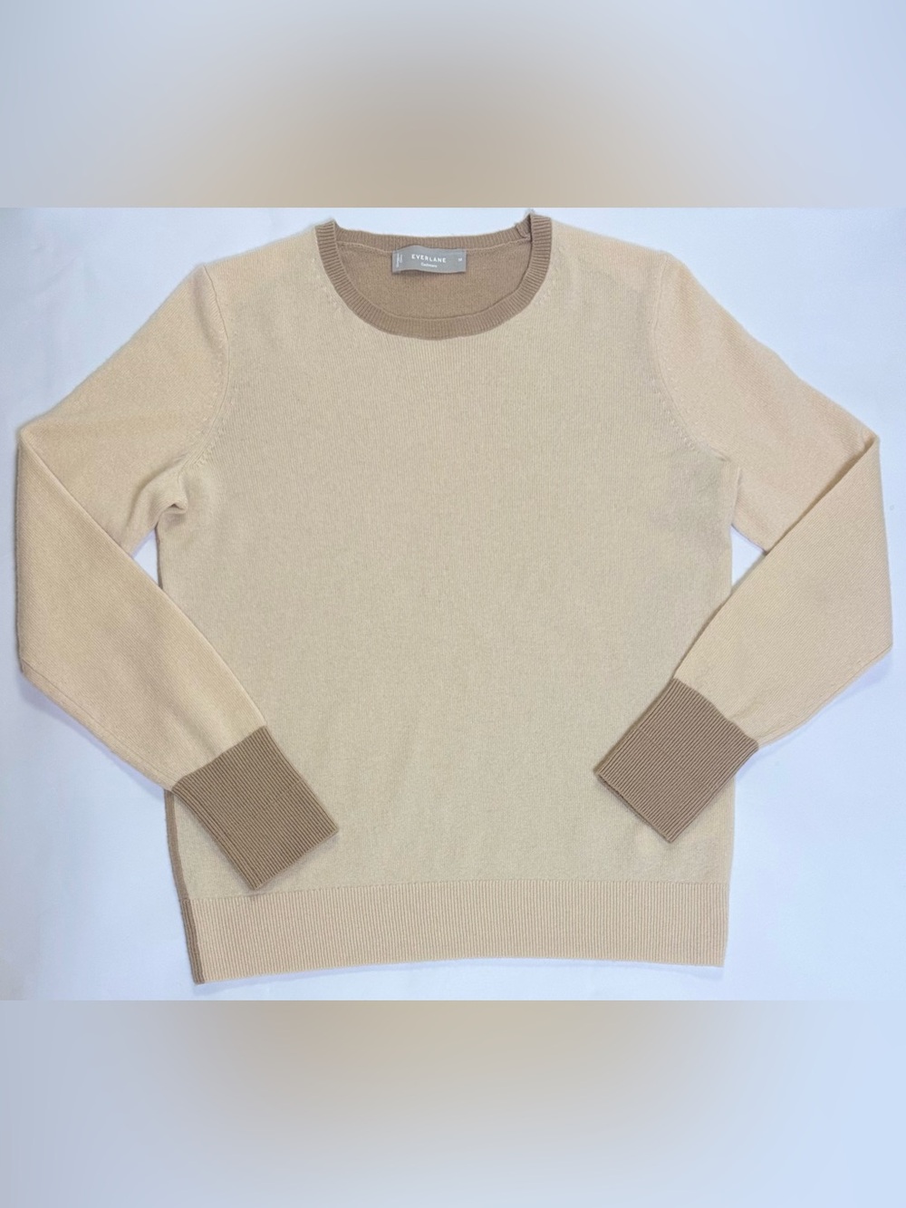 Everlane 100% Cashmere Colorblock Crewneck Sweater Cream Camel M